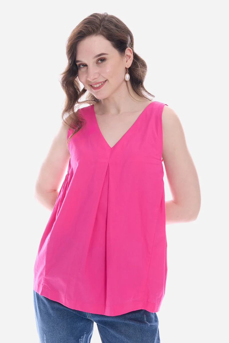 Naois|100% Cotton V-Neckline Flared Top