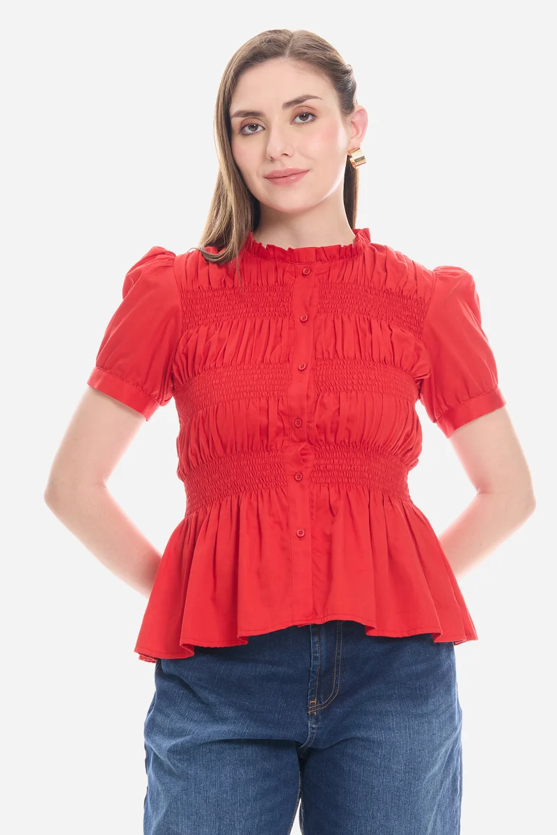 Naris|100% Cotton Smocked Fitted Peplum Top