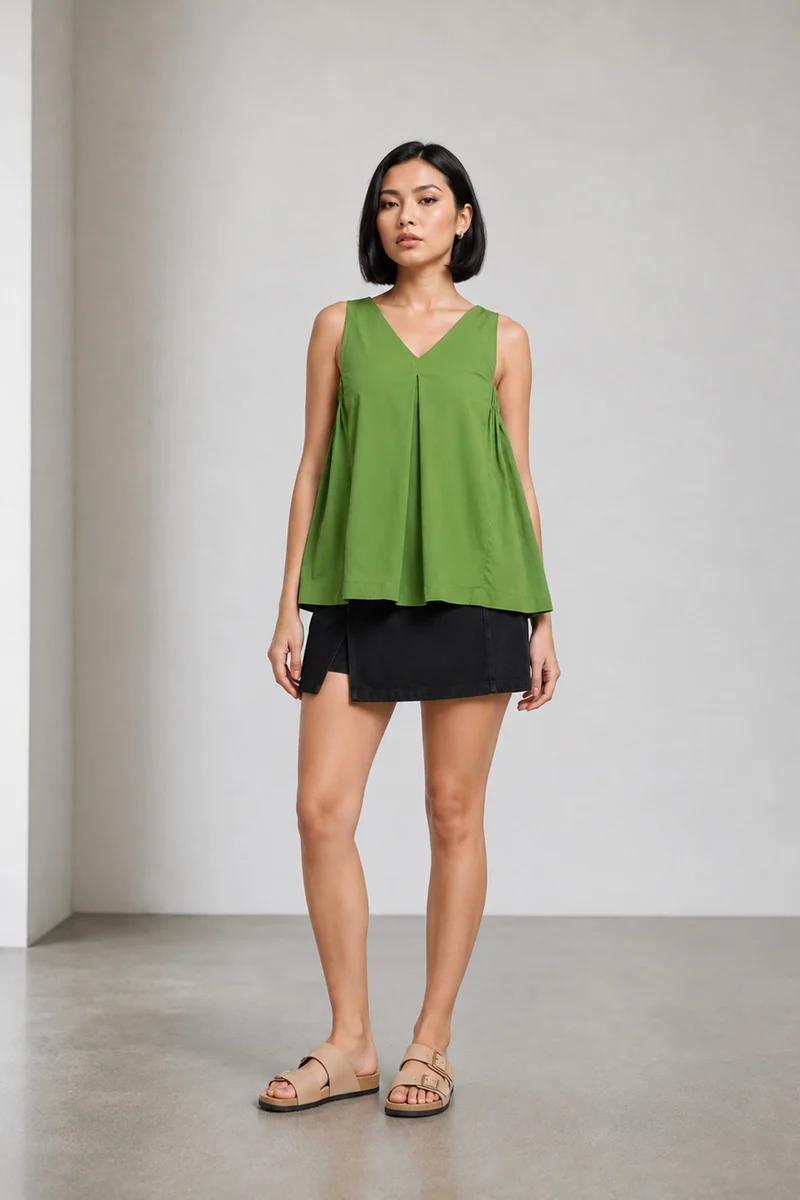 Naren|100% Cotton V-Neckline Flared Top