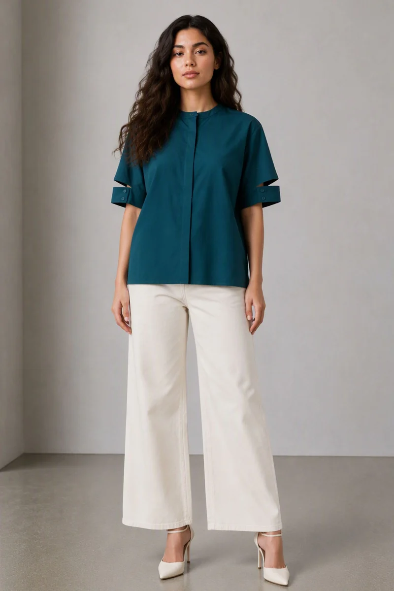 Nava|100% Cotton Split Cuff Round Neck Shirt
