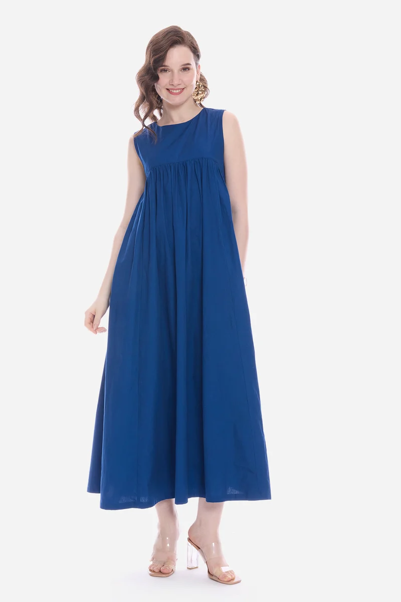 Mavy|100% Cotton Flared Maxi Dress With Pockets