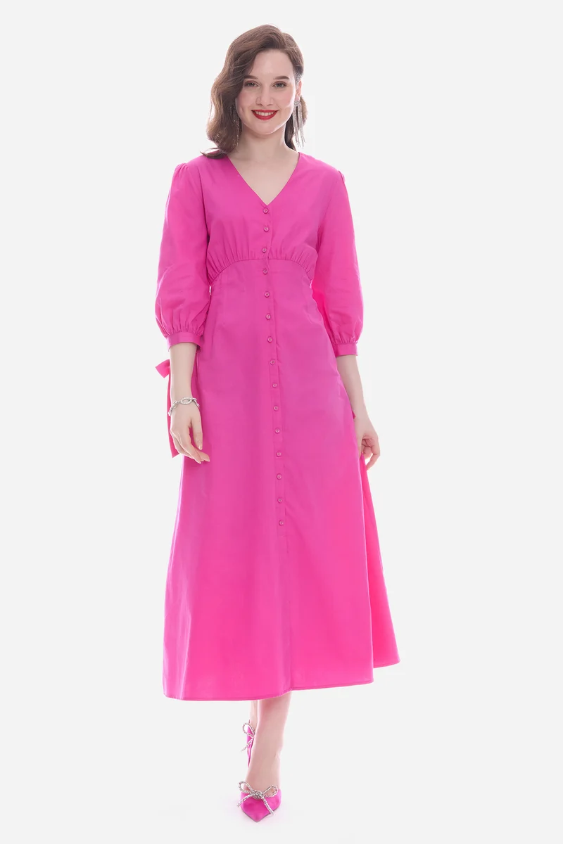 Olty|100% Cotton V-Neck Bow Tie Maxi Dress