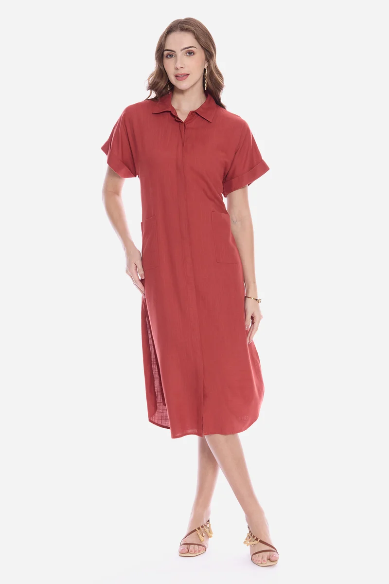 Oleah|100% Viscose Shirt Dress With Patch Pocket