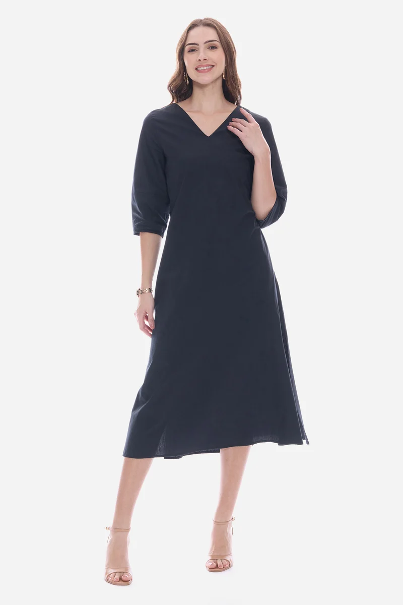 Olmy|100% Cotton V-Neck Relaxed Fit Midi Dress