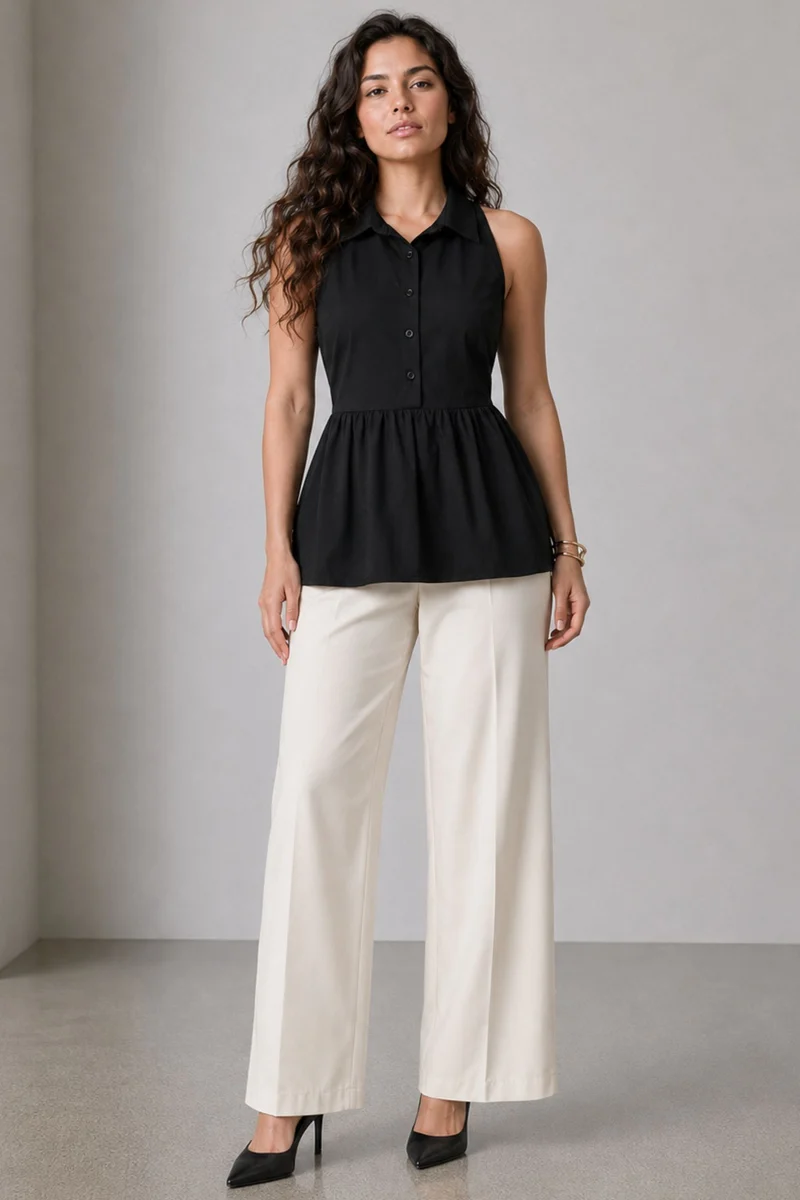 Nasel|100% Cotton Collared Halter Neck Peplum Top