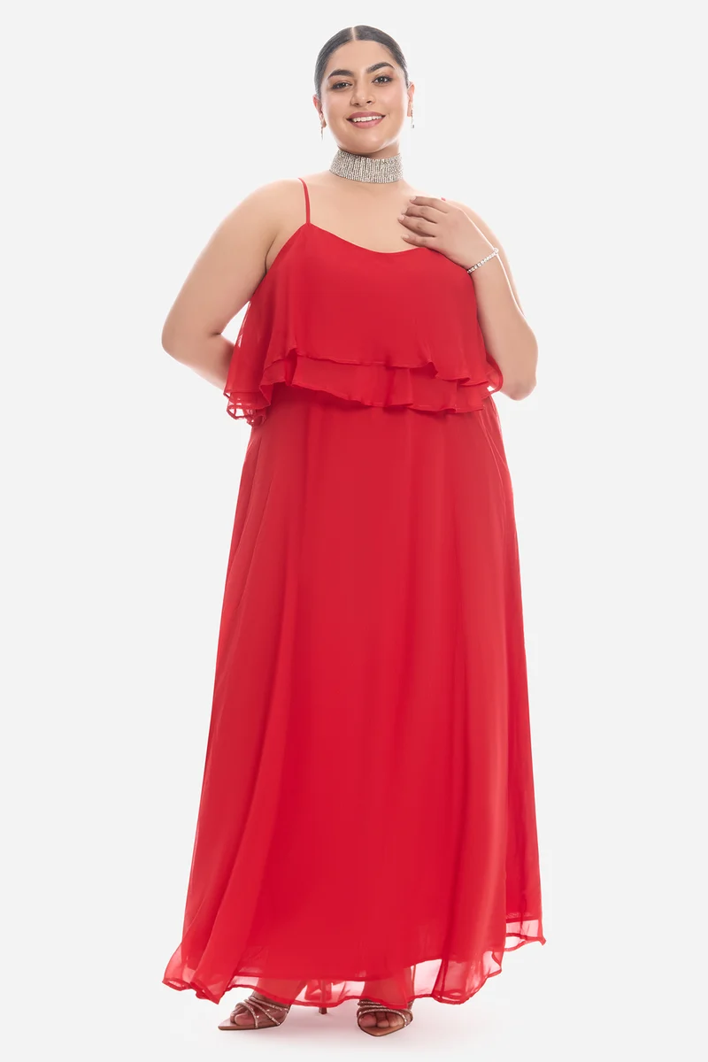 Vima|Viscose Strappy Ruffle Flared Gown