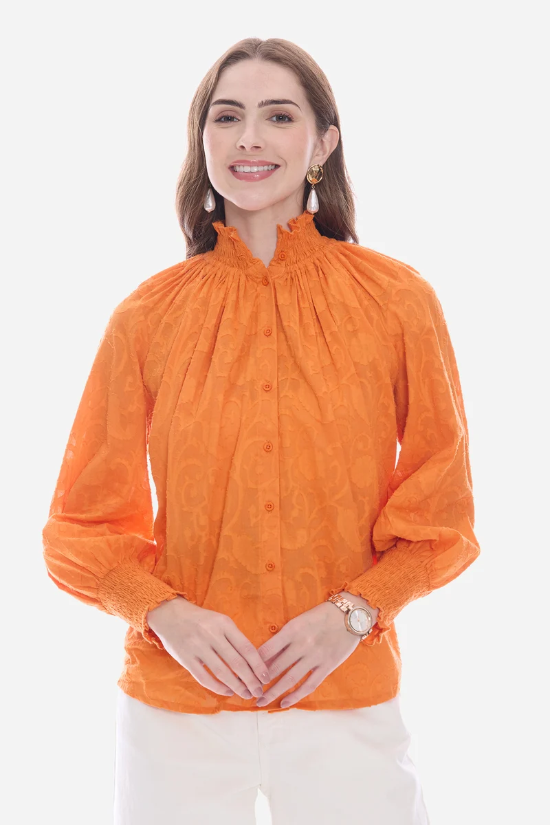 Salna|100% Cotton Smocked High Neck Shirt