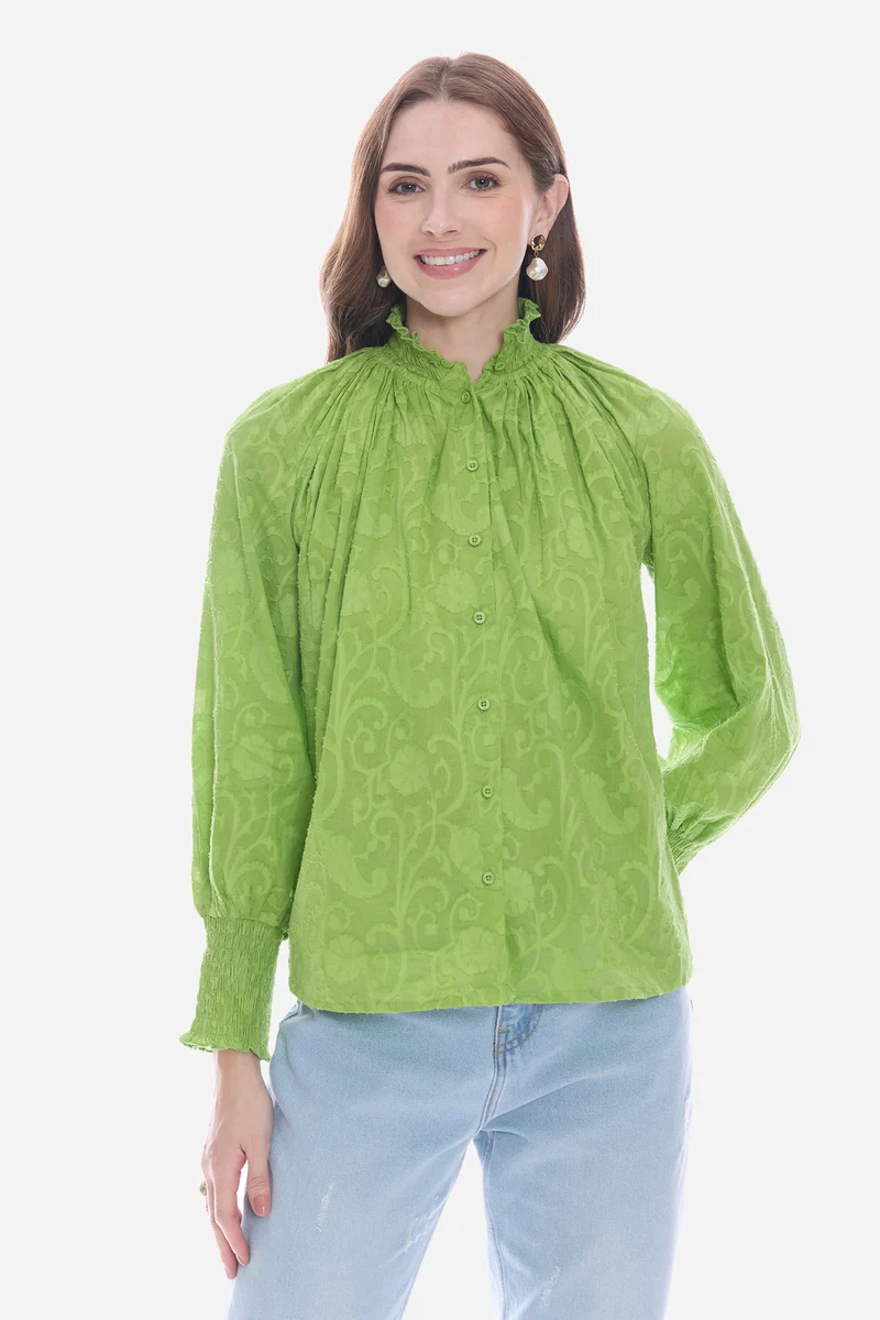 Salis|100% Cotton Smocked High Neck Shirt