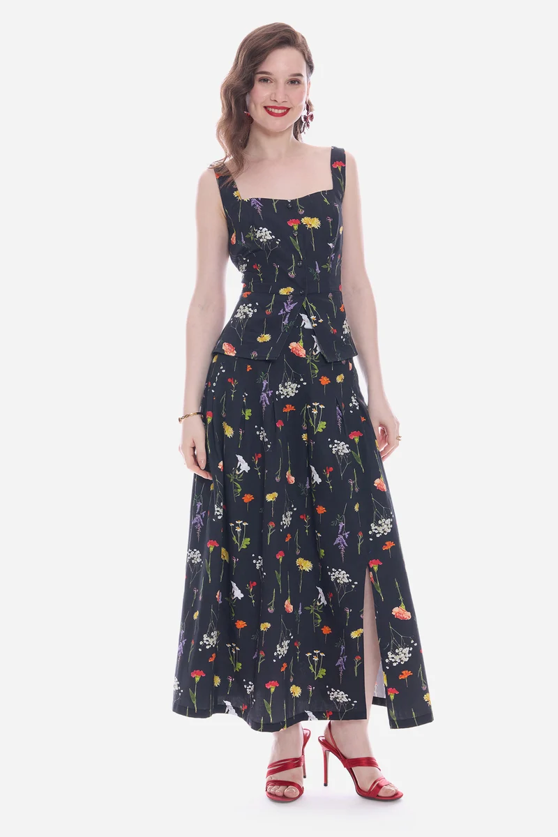Savla Co-Ord|100% Cotton Satin Waistcoat With Maxi Skirt