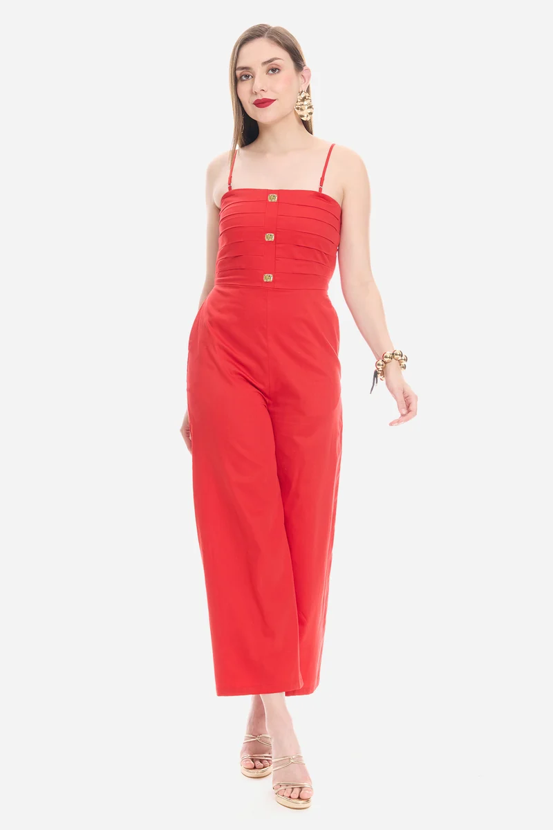 Sory|100% Cotton Satin Button Detail Jumpsuit