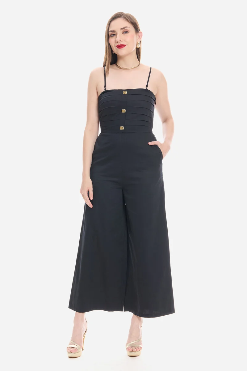 Sosna|100% Cotton Satin Button Detail Jumpsuit