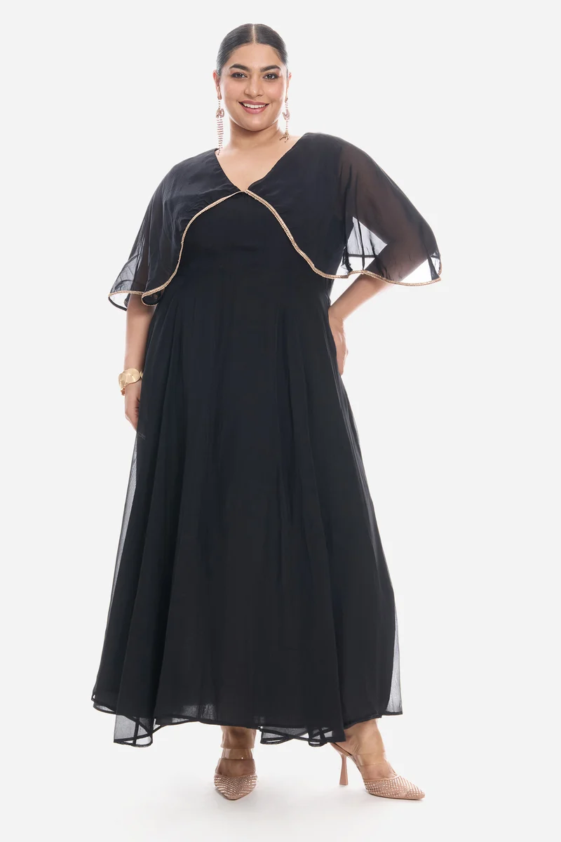 Vioa|Viscose V Neck Laced Cape Dress