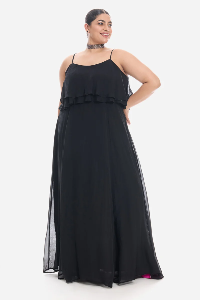 Vimis|Viscose Strappy Ruffle Flared Gown