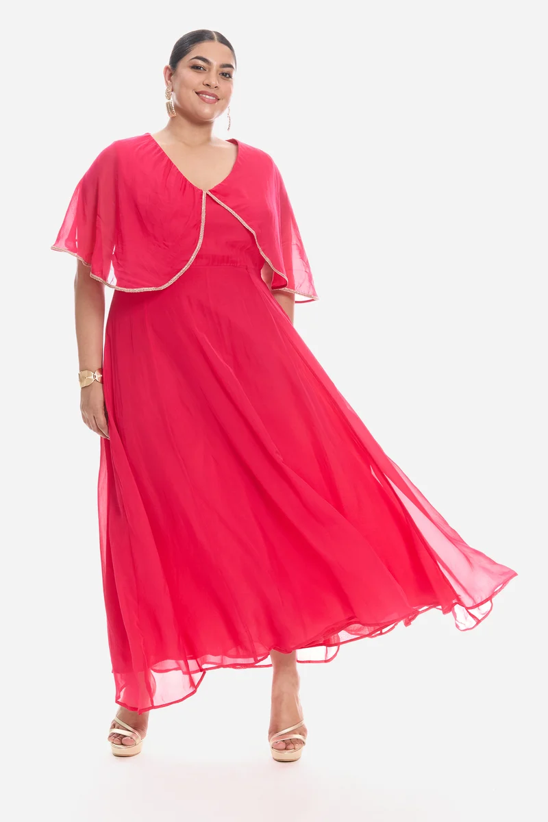 Virie|Viscose V Neck Laced Cape Dress