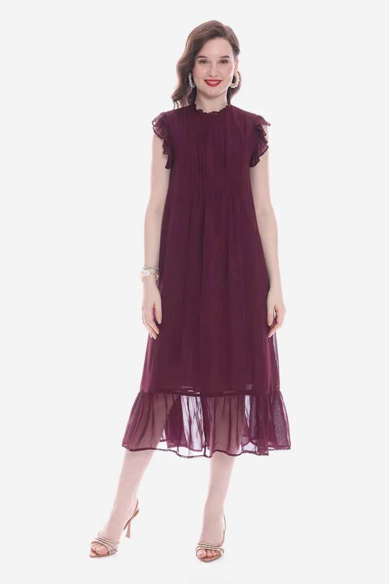 Rosah|100% Viscose Pintuck Midi Dress With Ruffles