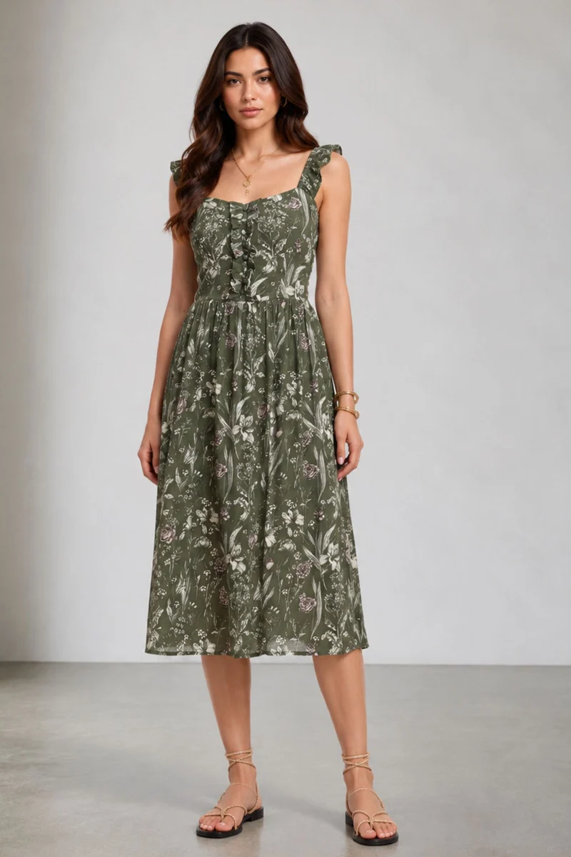 Marah|Lyocell Ruffle Detail Midi Dress