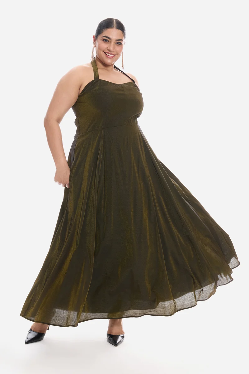 Visah|Viscose Halter Neck Sweetheart Midi Dress