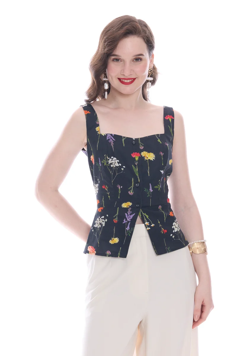 Savla|100% Cotton Satin Waistcoat With Peplum