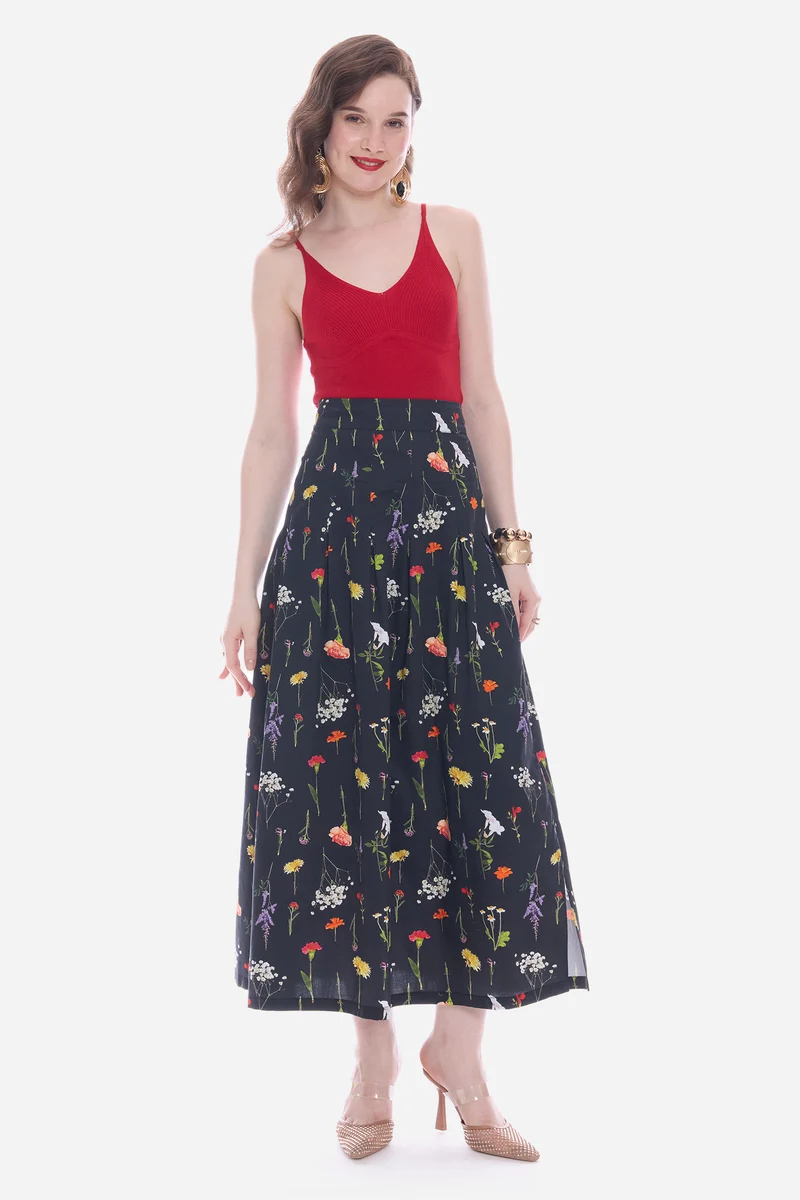 Sodla|100% Cotton Satin Pleated Maxi Skirt