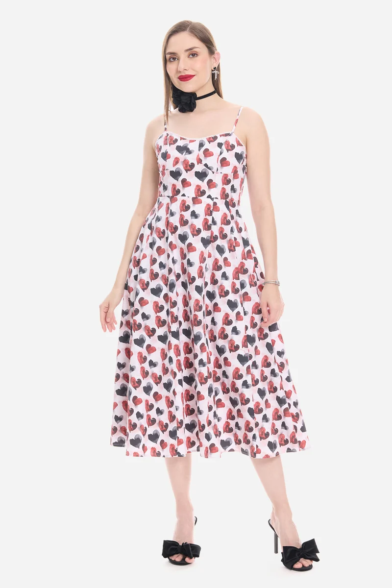 Samna|100% Cotton Sweetheart Lace Midi Dress