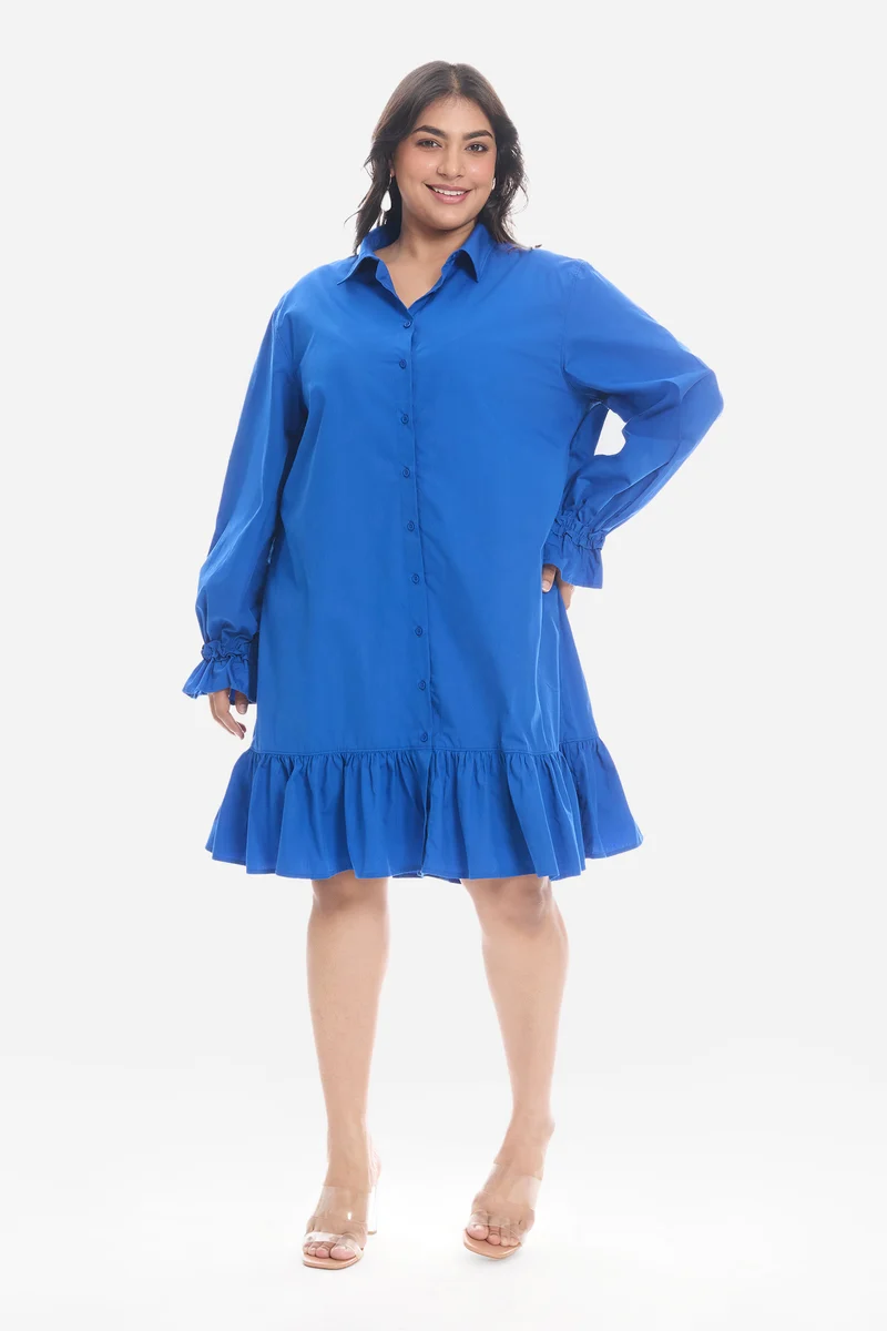 Soven|Cotton Mini Shirt Dress With Ruffle