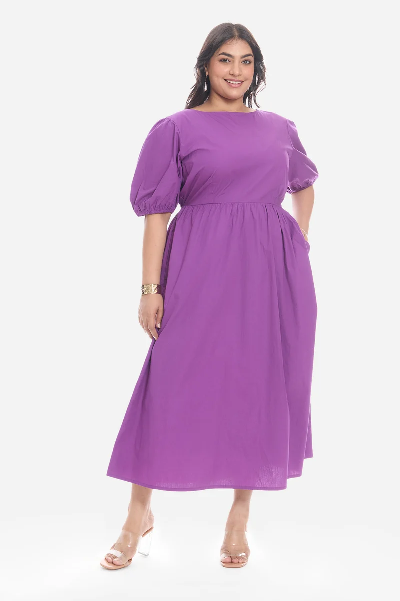 Sotla|Cotton Midi Dress With Puff Sleeve