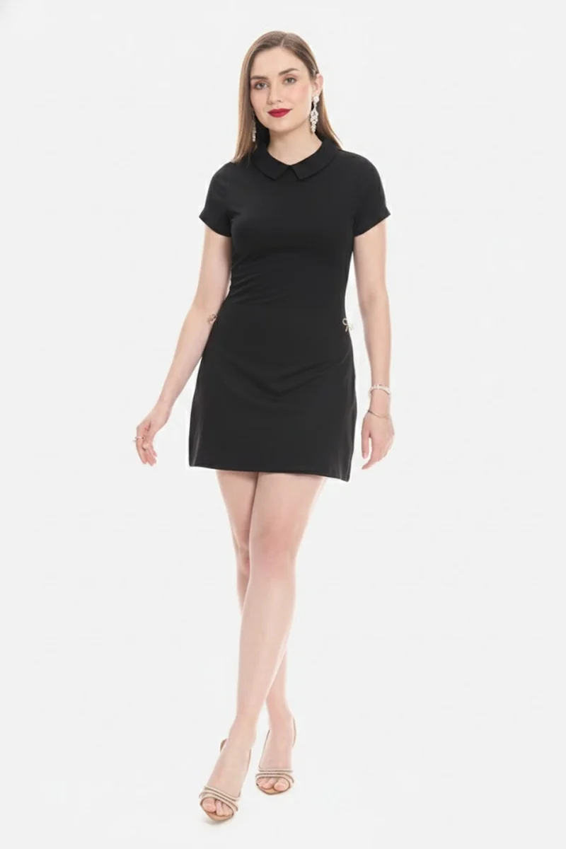 Sasel|100% Cotton Satin Collared Mini Dress