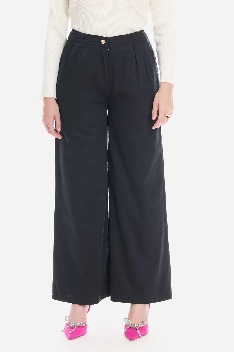Somy| 100% Cotton Satin Pleated Wide Leg Pants