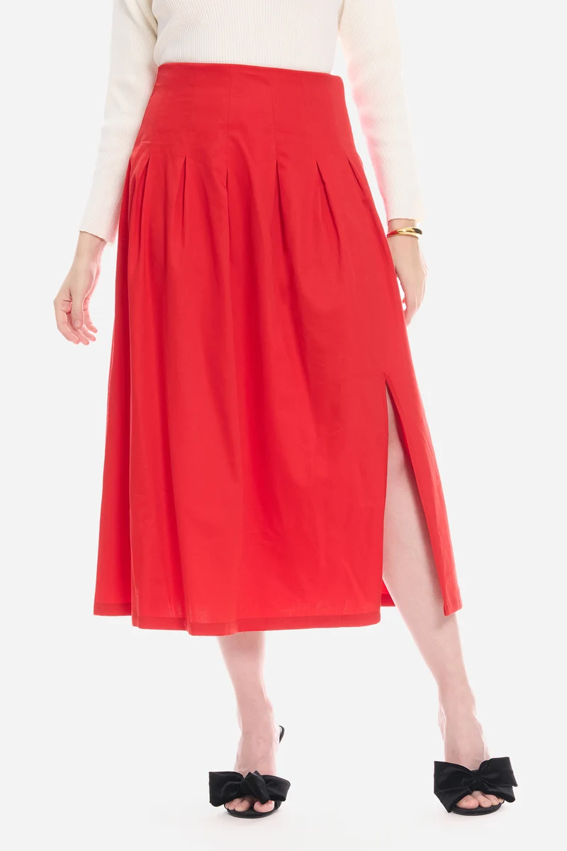 Sodah|100% Cotton Satin Pleated Maxi Skirt