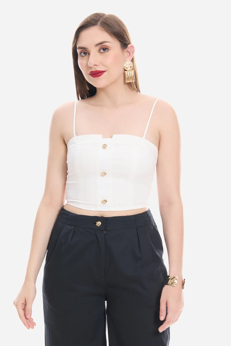 Soena|100% Cotton Satin Tube Top with Detachable straps And Gold Buttons