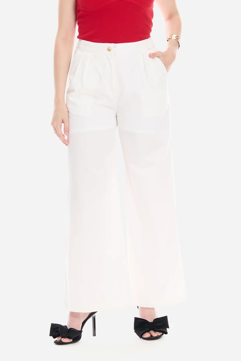 Somla| 100% Cotton Satin Pleated Wide Leg Pants