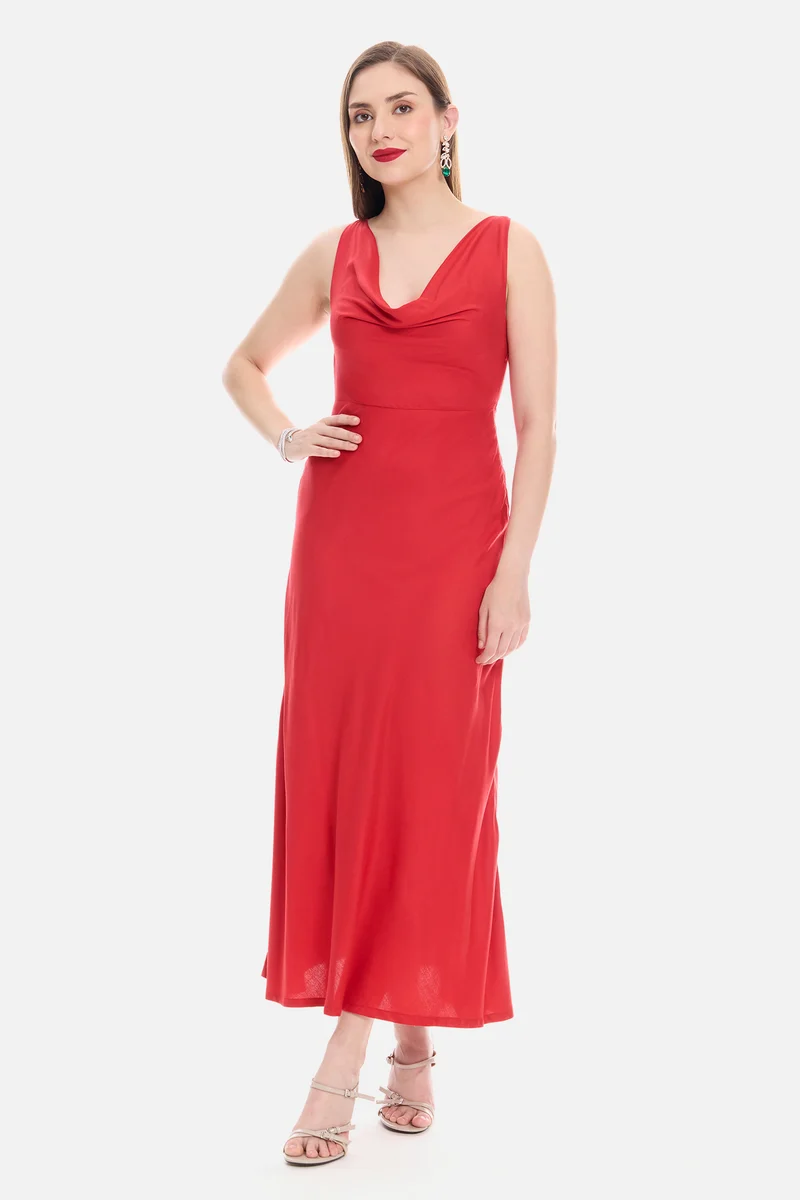 Sorna|100% Viscose Cowl Neck Maxi Dress
