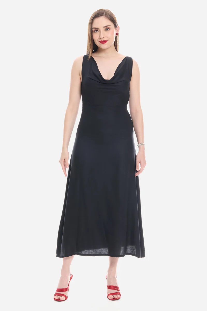 Sorie|100% Viscose Cowl Neck Maxi Dress