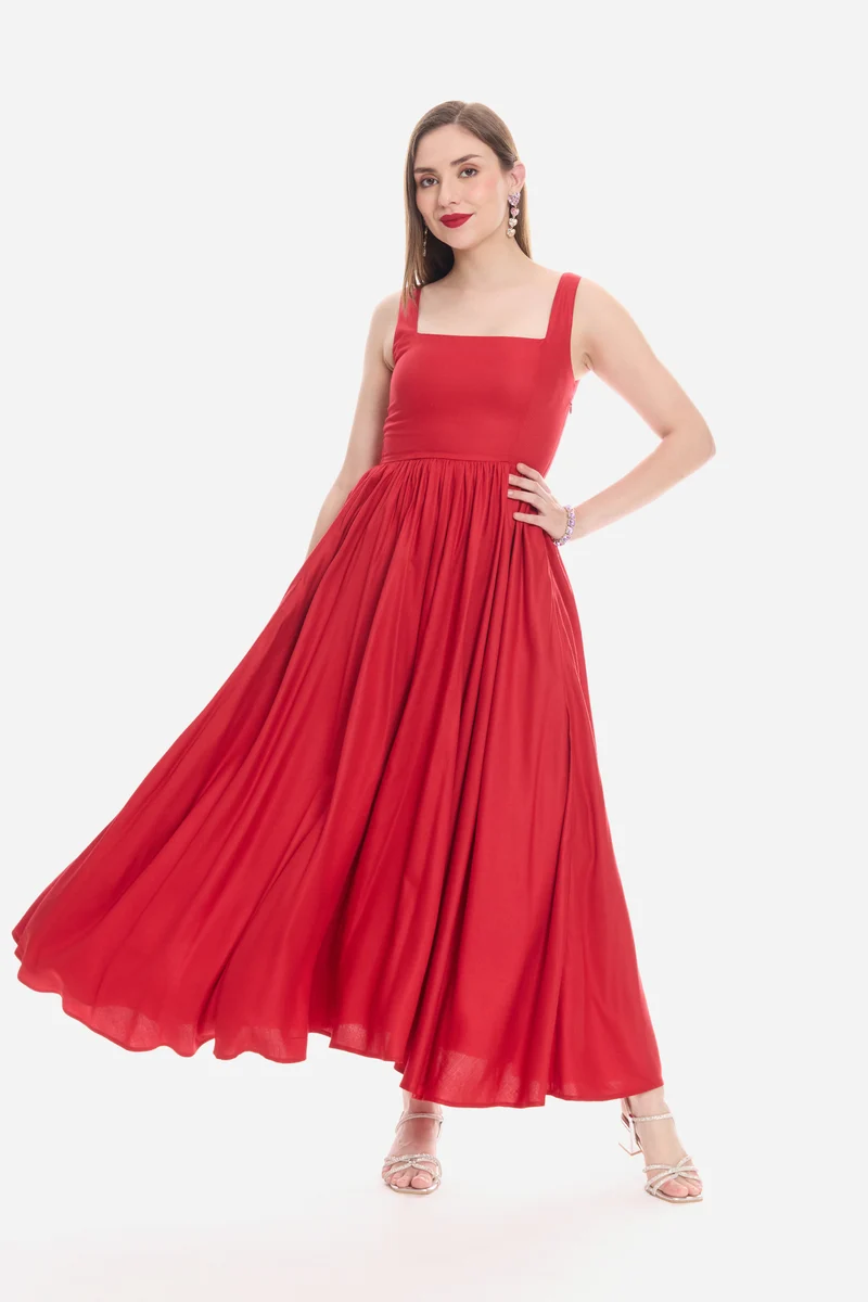 Sonla|100% Viscose Fit & Flare Maxi Dress