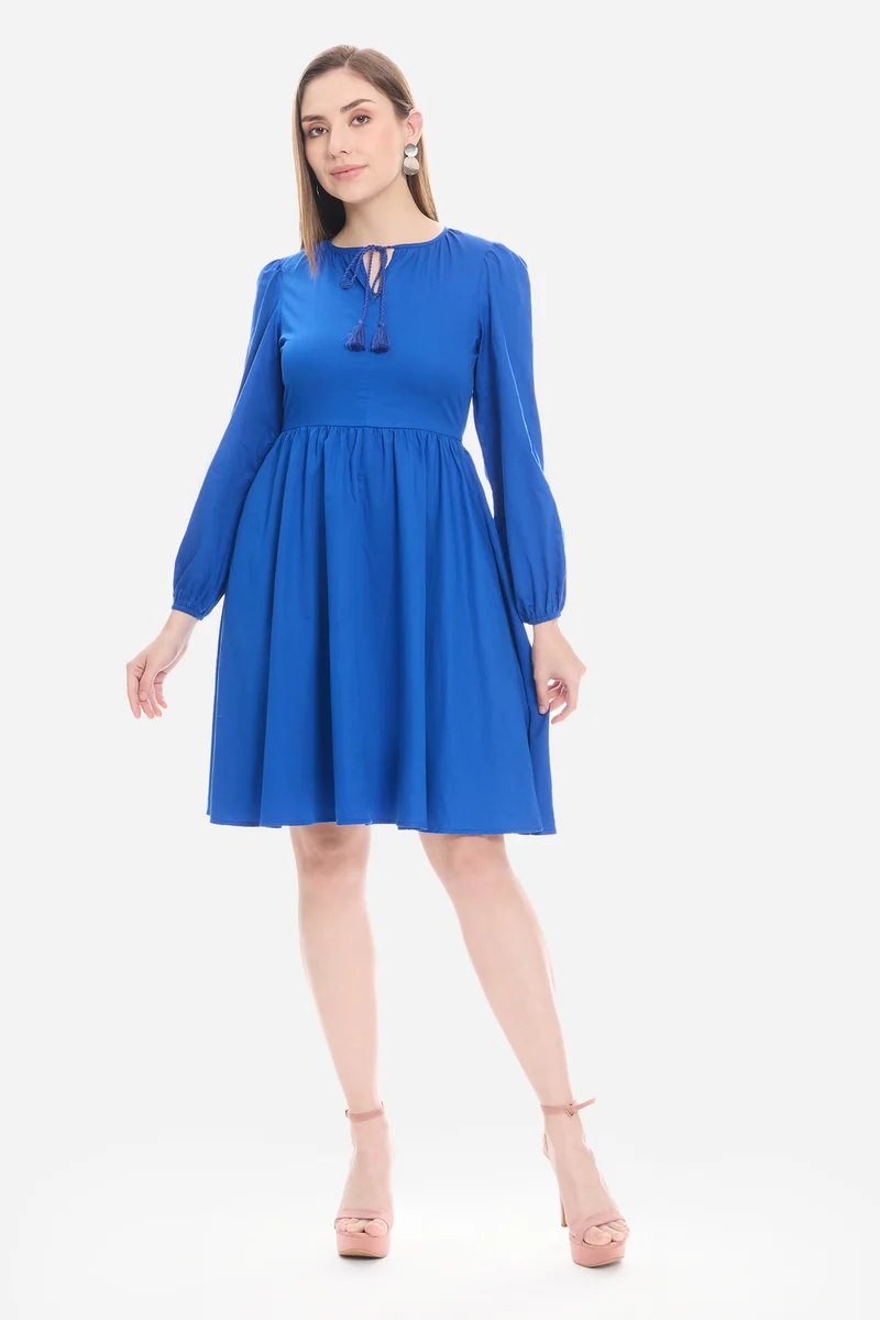 Naly|100% Cotton Neck Tie-Up Mini Dress