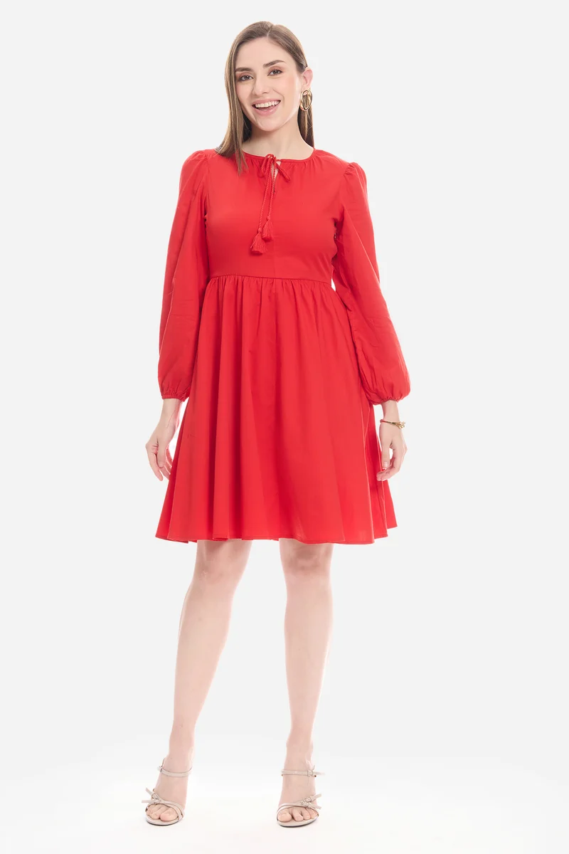 Nalna|100% Cotton Neck Tie-Up Mini Dress