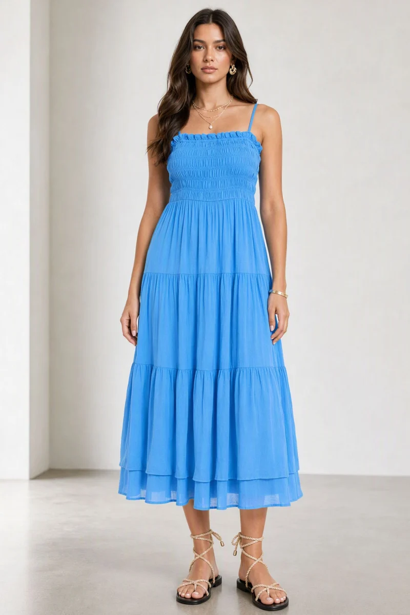 Nadna|100% Viscose Smocked Layered Midi Dress