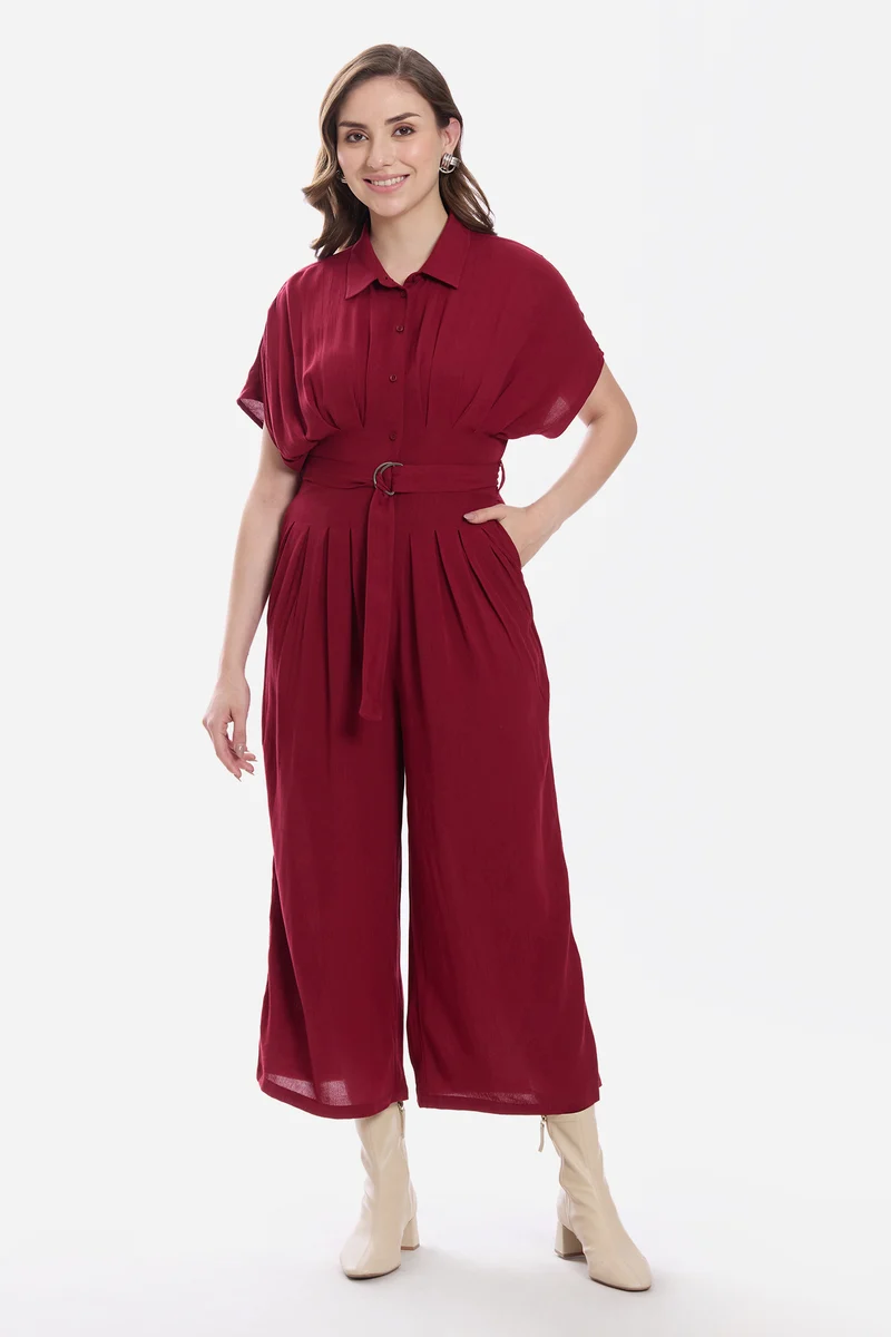 Bevis|100% Viscose Pleated Waist Jumpsuit