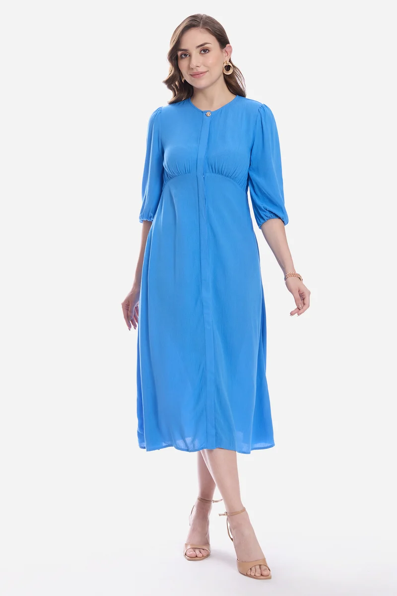 Aldia|100% Viscose Balloon Sleeve Midi Dress