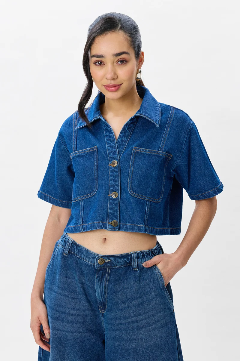 Eimar|100% Cotton Cropped Denim Shirt
