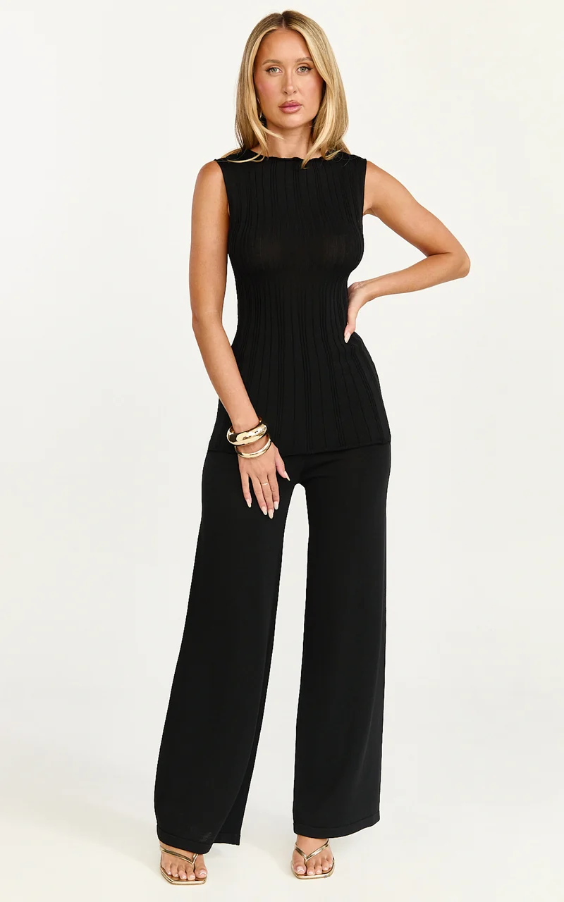 Elodie Two Piece Set - Rib Knit Top and Pant Set in Black