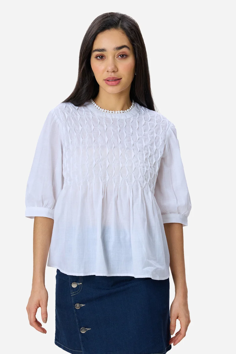 Jessei|100% Cotton Tuck & Lace Detail Flared Top