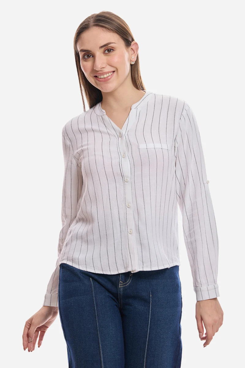 Feiza|Linen Mandarin Collar Striped Shirt