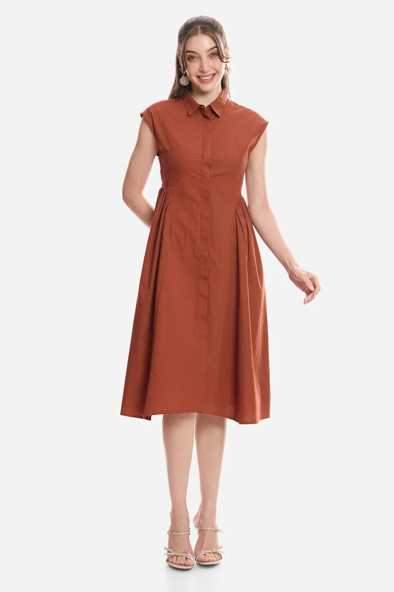 Lhakpa|100% Cotton Gathered Shirt Midi Dress