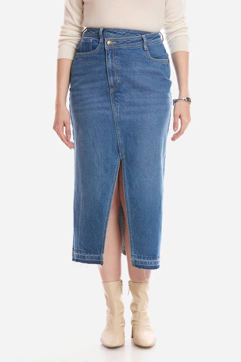 Elynn|100% Cotton Assymetric Waist Denim Skirt
