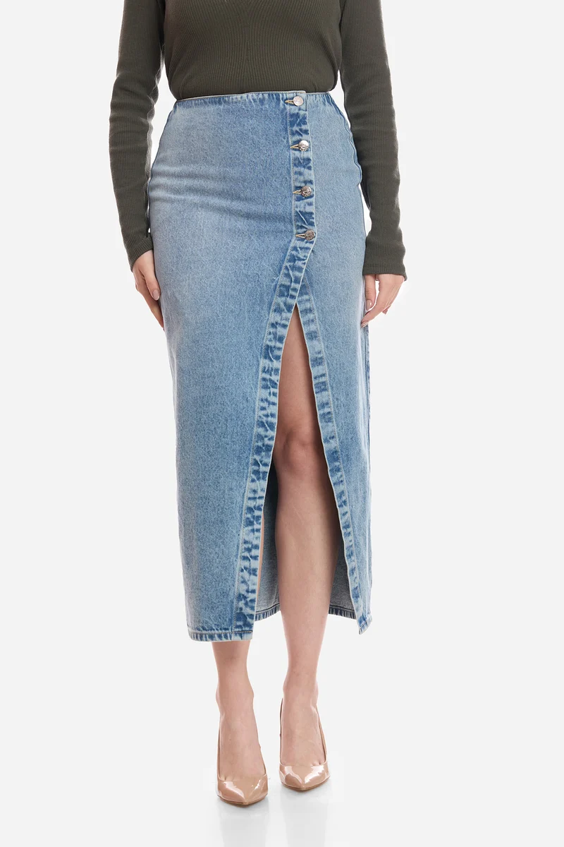 Wangdu|100% Cotton Denim Wrap Midi Skirt