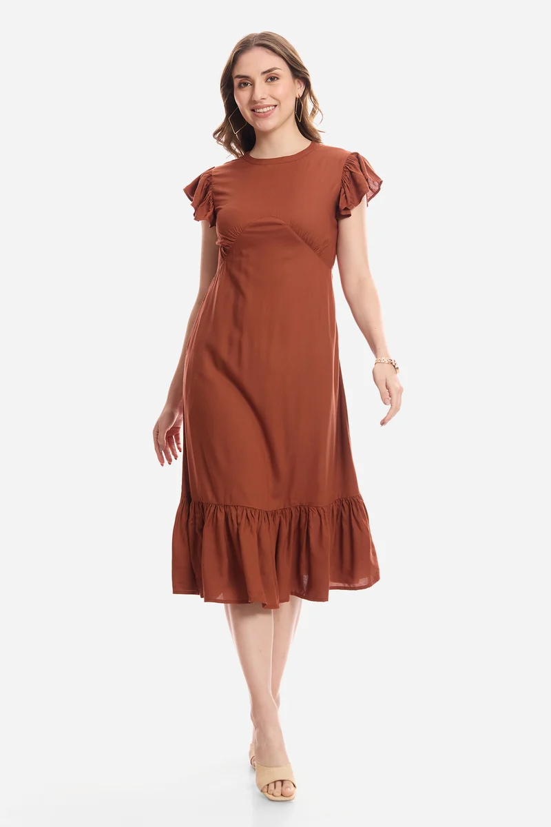 Faina|100% Viscose Flutter Sleeve Midi Dress