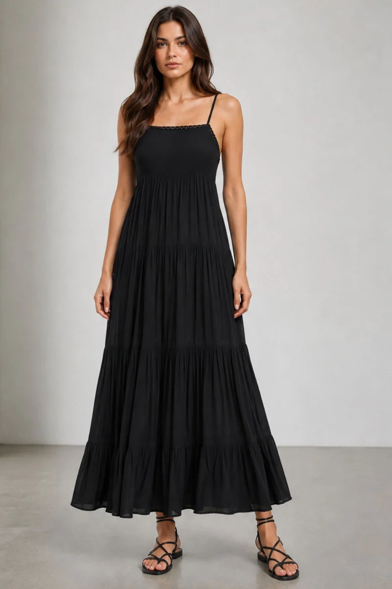 Lale|100% Viscose Lace Detail Maxi Dress
