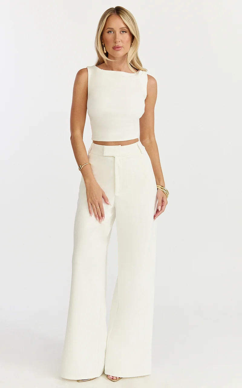 Helen Two Piece Set - Crepe Twisted Top And Wide Leg Pants in Cream