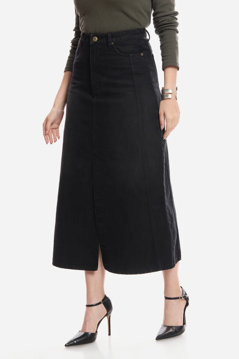Eila|100% Cotton Denim Panelled Midi Skirt
